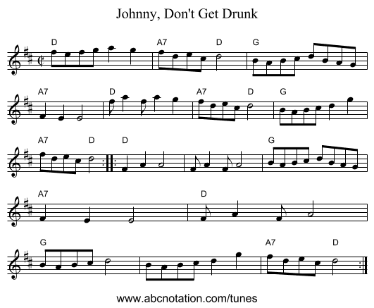 Johnny, Don't Get Drunk - staff notation