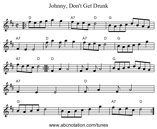 Johnny, Don't Get Drunk - staff notation
