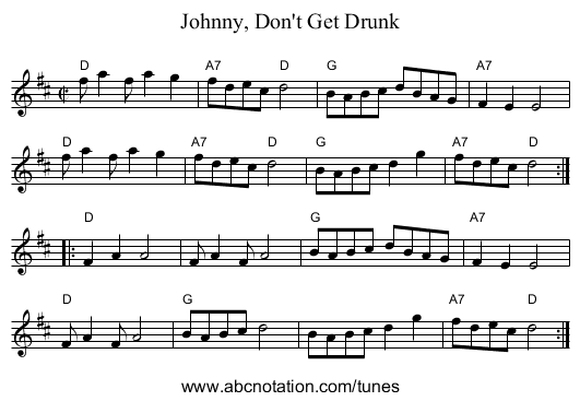 Johnny, Don't Get Drunk - staff notation