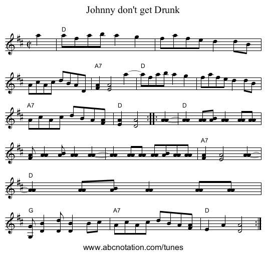 Johnny don't get Drunk - staff notation
