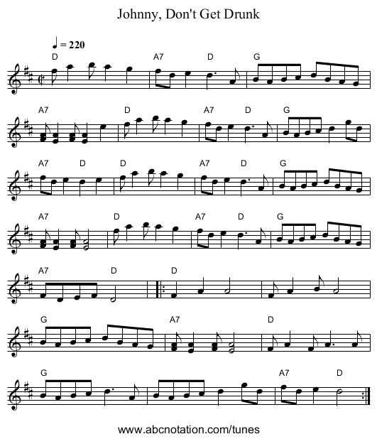 Johnny, Don't Get Drunk - staff notation