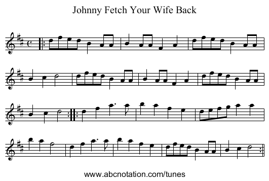 Johnny Fetch Your Wife Back - staff notation