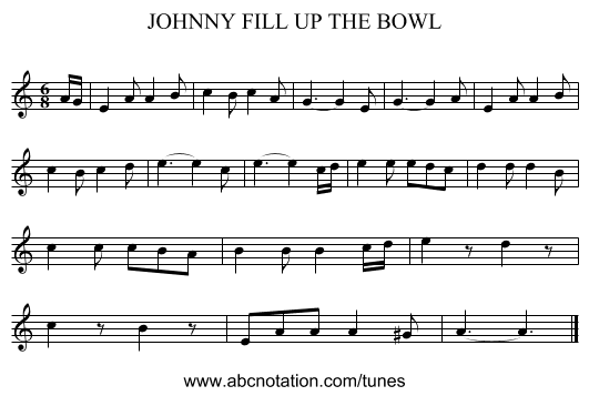 JOHNNY FILL UP THE BOWL - staff notation