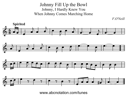 Johnny Fill Up the Bowl - staff notation