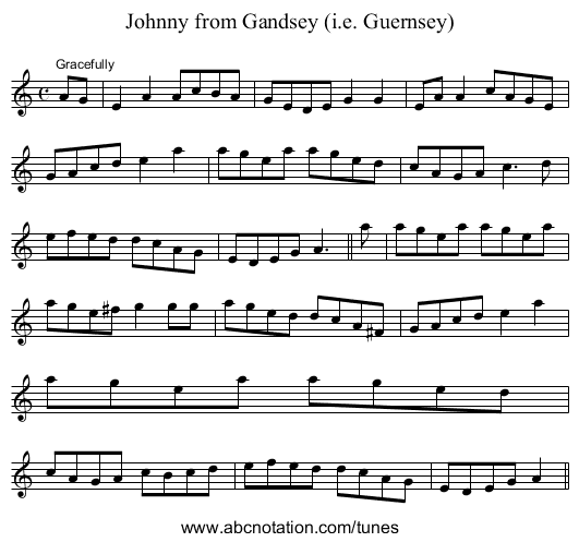 Johnny from Gandsey (i.e. Guernsey) - staff notation