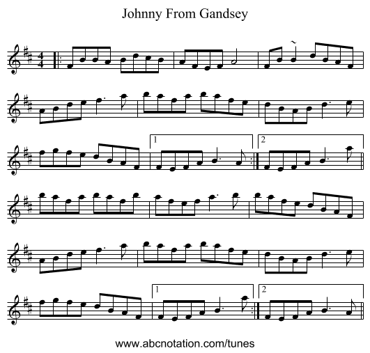 Johnny From Gandsey - staff notation