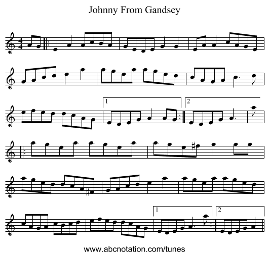 Johnny From Gandsey - staff notation
