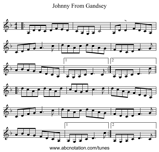 Johnny From Gandsey - staff notation