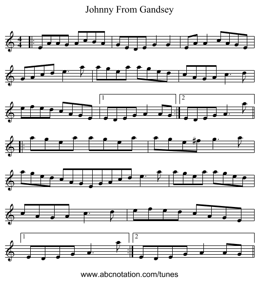 Johnny From Gandsey - staff notation