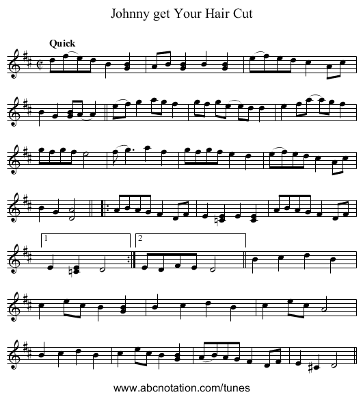 Johnny get Your Hair Cut - staff notation