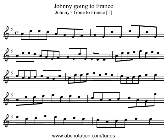 Johnny going to France - staff notation