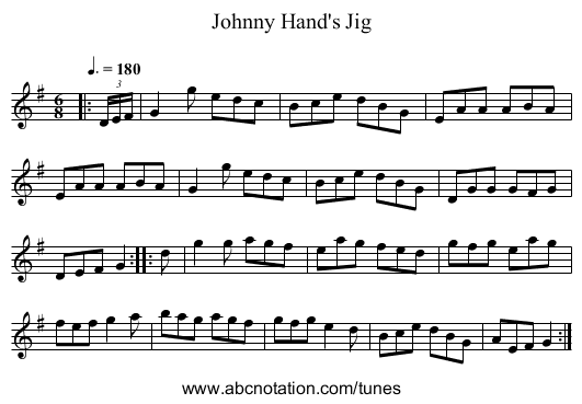 Johnny Hand's Jig - staff notation