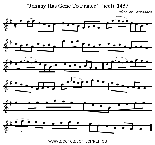 Johnny Has Gone To France (reel) 1437 - staff notation