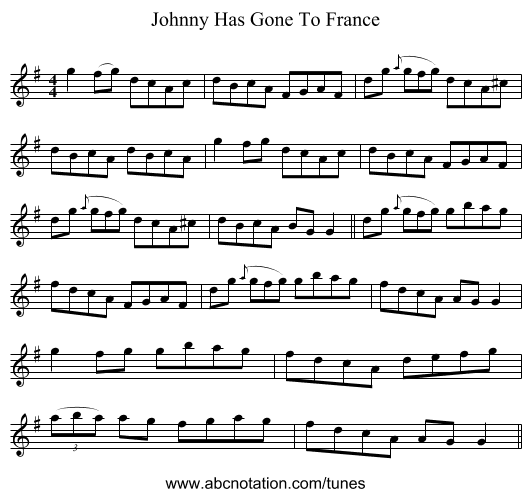 Johnny Has Gone To France - staff notation
