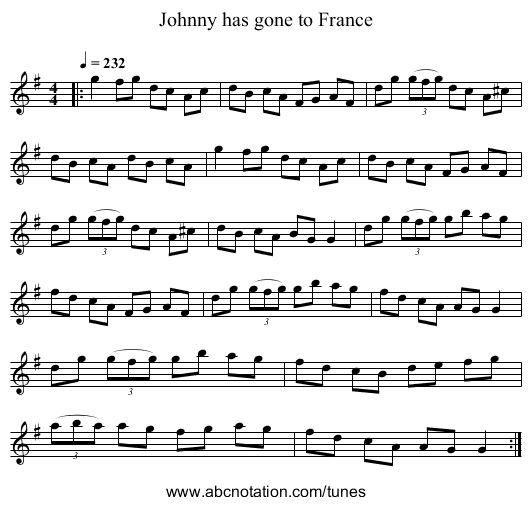 Johnny has gone to France - staff notation
