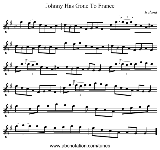 Johnny Has Gone To France - staff notation