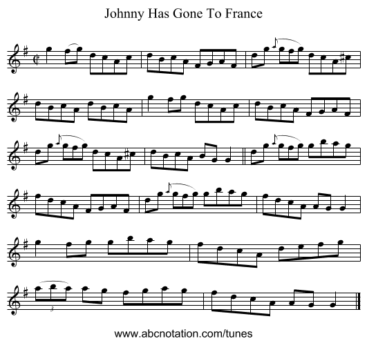 Johnny Has Gone To France - staff notation