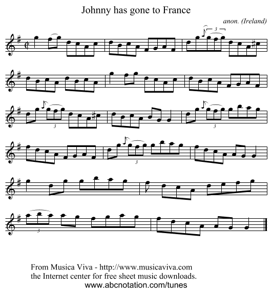Johnny has gone to France - staff notation