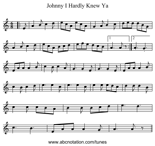 Johnny I Hardly Knew Ya - staff notation