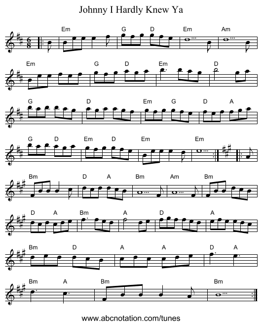 Johnny I Hardly Knew Ya - staff notation