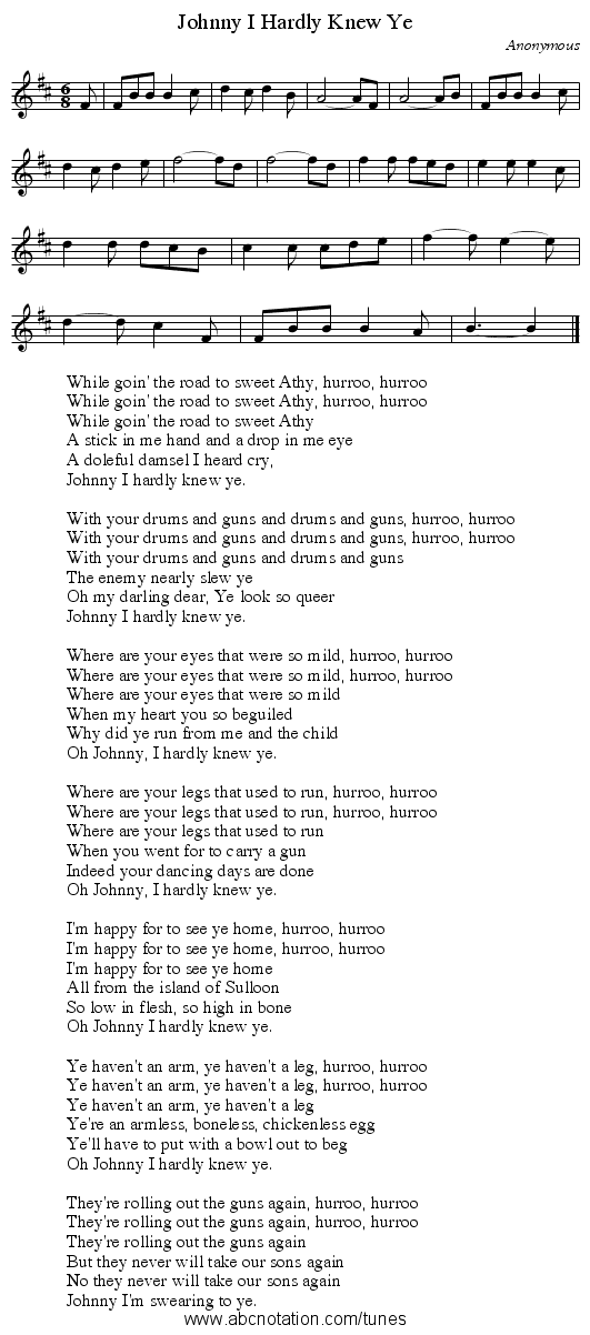 Johnny I Hardly Knew Ye - staff notation