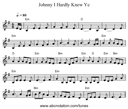 Johnny I Hardly Knew Ye - staff notation