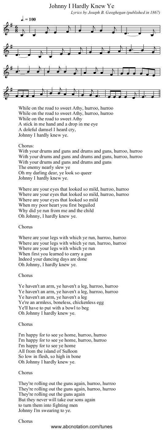 Johnny I Hardly Knew Ye - staff notation