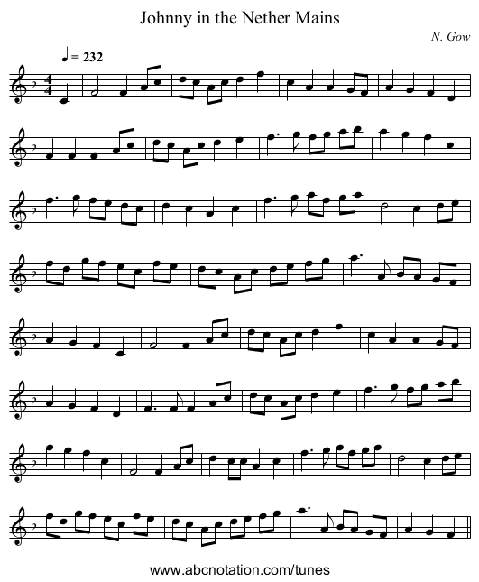 Johnny in the Nether Mains - staff notation