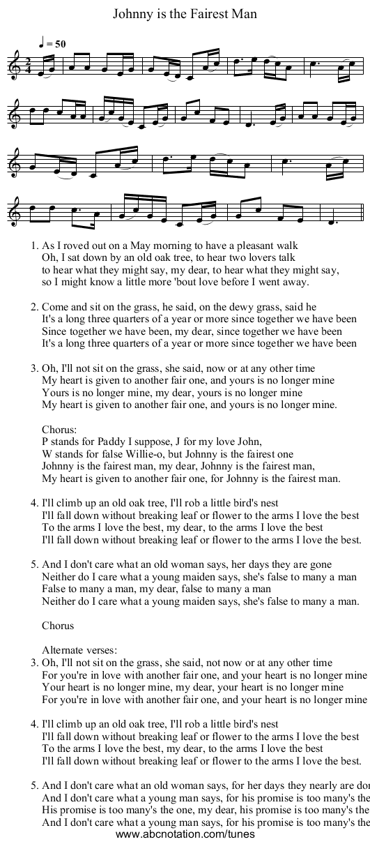 Johnny is the Fairest Man - staff notation