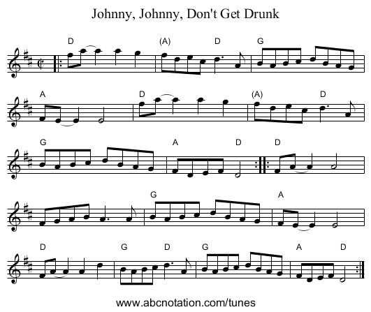 Johnny, Johnny, Don't Get Drunk - staff notation