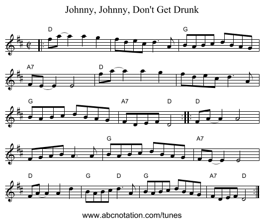 Johnny, Johnny, Don't Get Drunk - staff notation