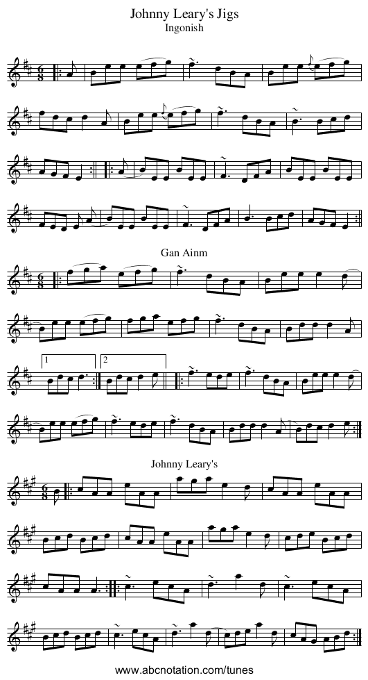 Johnny Leary's Jigs - staff notation