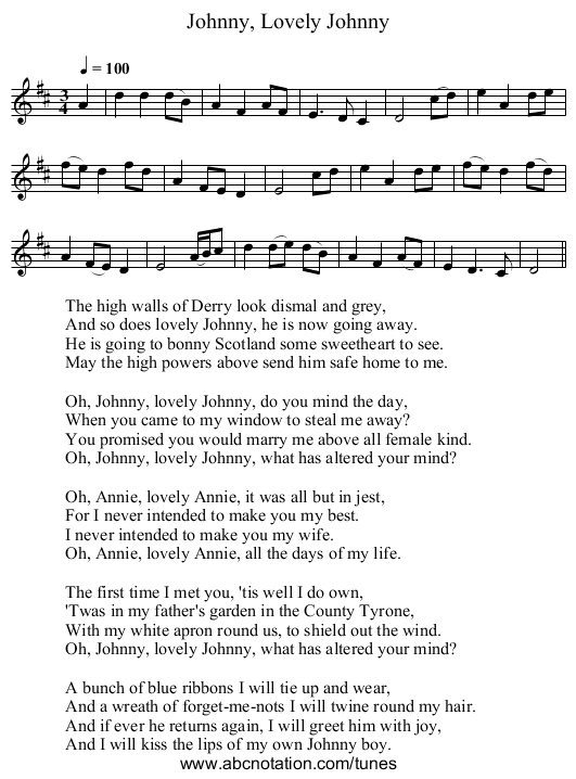 Johnny, Lovely Johnny - staff notation
