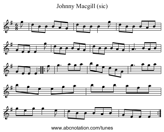 Johnny Macgill (sic) - staff notation