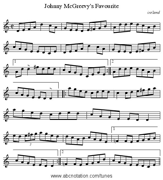 Johnny McGreevy's Favourite - staff notation