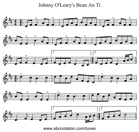 Johnny O'Leary's Bean An Tí - staff notation