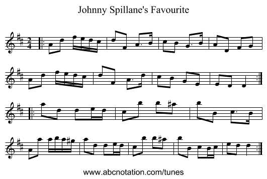 Johnny Spillane's Favourite - staff notation