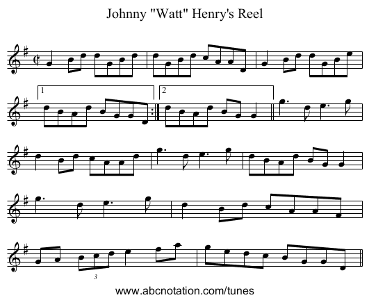 Johnny Watt Henry's Reel - staff notation