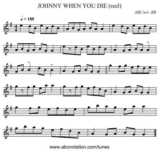 JOHNNY WHEN YOU DIE (reel) - staff notation