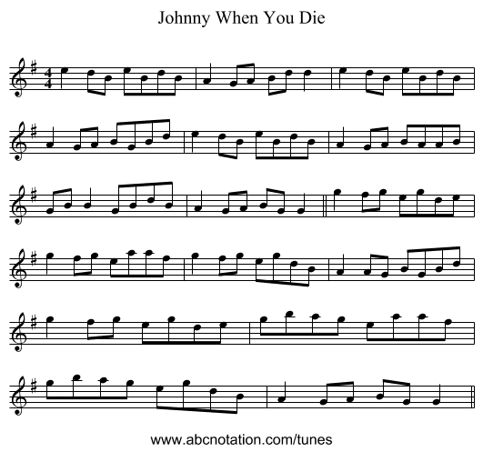 Johnny When You Die - staff notation