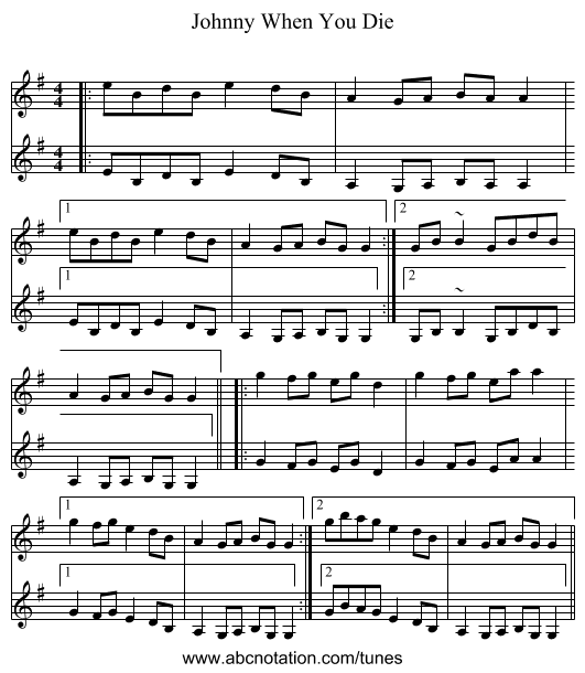 Johnny When You Die - staff notation
