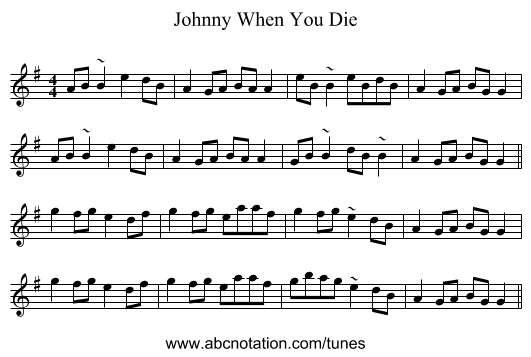 Johnny When You Die - staff notation