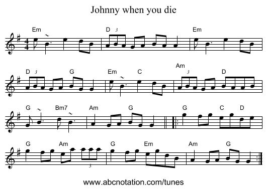 Johnny when you die - staff notation