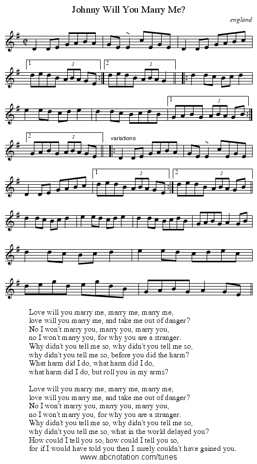 Johnny Will You Marry Me? - staff notation