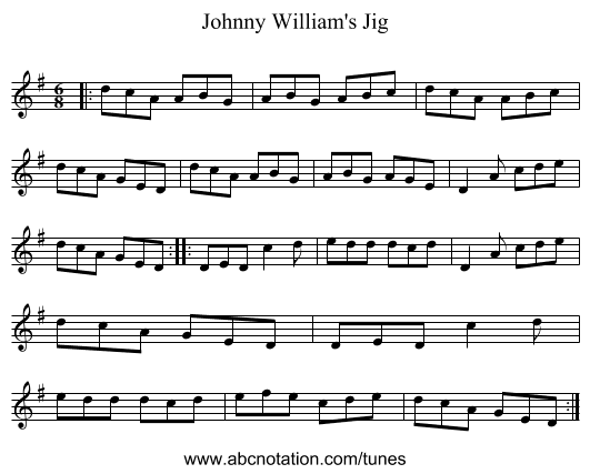 Johnny William's Jig - staff notation
