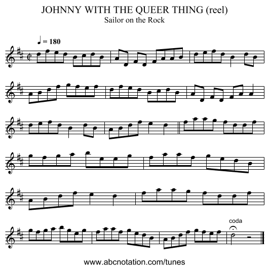 JOHNNY WITH THE QUEER THING (reel) - staff notation