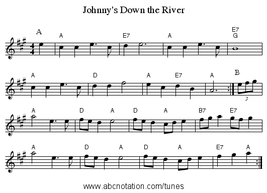 Johnny's Down the River - staff notation