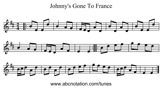 Johnny's Gone To France - staff notation