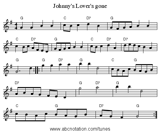 Johnny's Lover's gone - staff notation