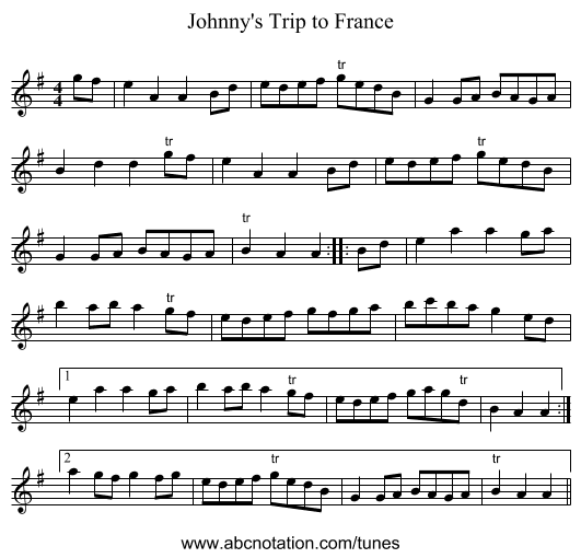 Johnny's Trip to France - staff notation